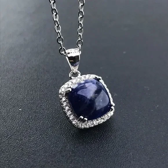 💙 Cushion Cut Blue Sapphire Cz Diamond Halo Necklace - Picture 10 of 14